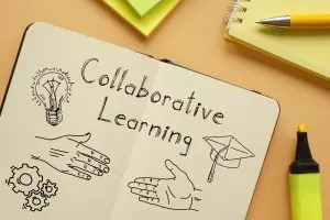 Collaborative learning is shown on a business photo using the text