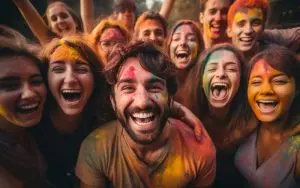 Indian Friends Celebrating Holi. Generative AI