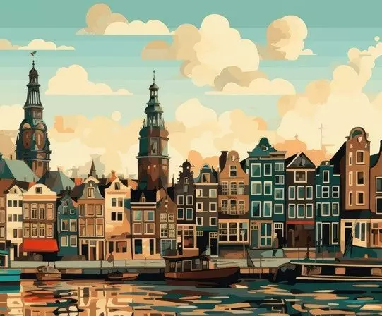 Amsterdam waterfront painting, artwork cityscape of Amsterdam, AI